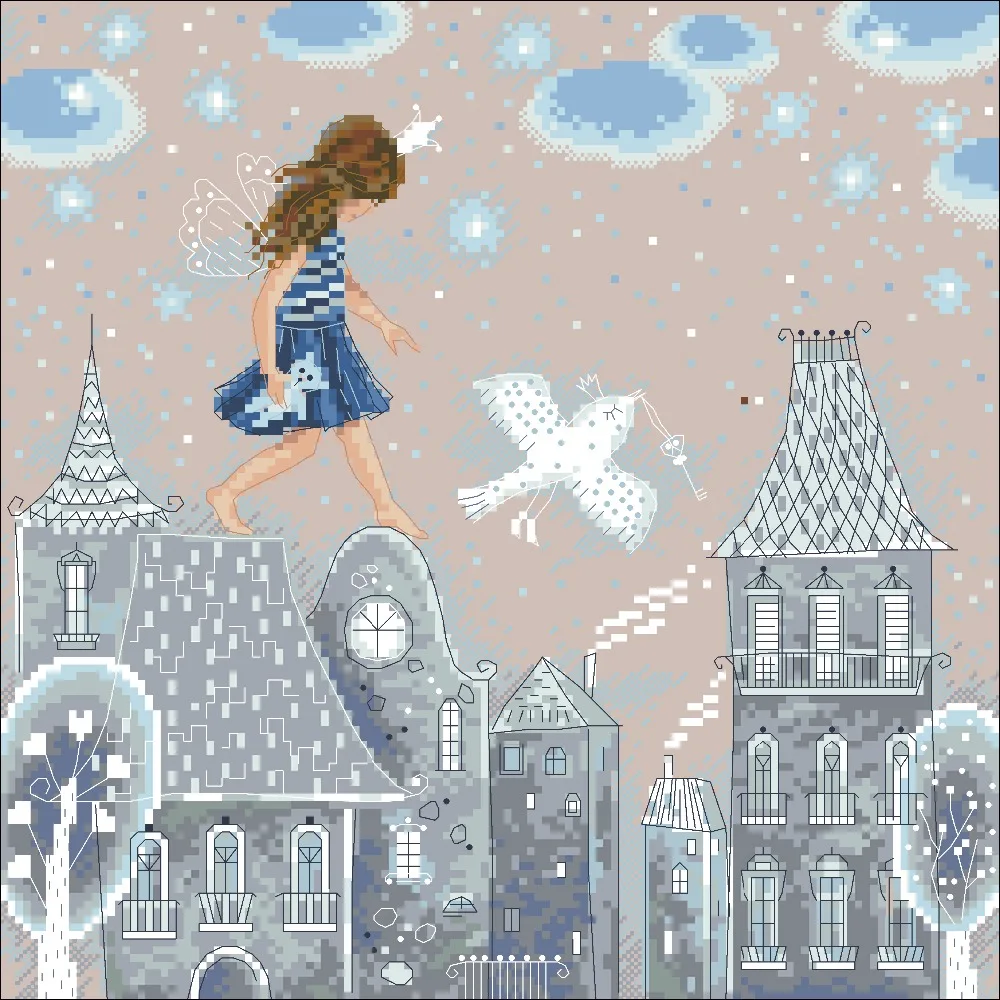 MM Walking on roof cross stitch kit cartoon girl design snow cotton silk thread flaxen canvas embroidery DIY needlework | Дом и сад