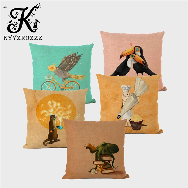 

Decorative Throw Pillowcase Cute Animal Otter Parrot Linen Cushion Cover Love Couple Gift Sofa Home Decoration Housse De Coussin