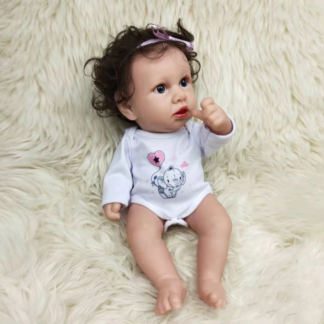 

12in Full Silicone Body Reborn Baby Soft Vinyl Girl Doll Smile Sleeping Doll Blue Sweater Cute Short Hair For Kids Birthday Gift