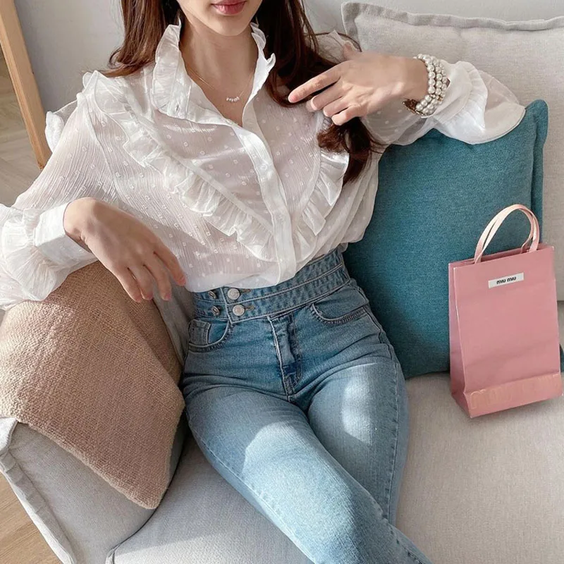 

Stand Collar Wavelet Dots Micro-transparent Blouse Women Loose Clothes Korean Ruffle Stitching Long Sleeve Chiffon Shirt 15675