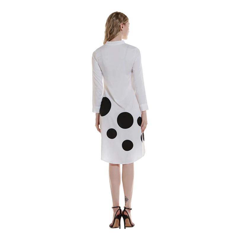 

Female Loose Knee-length Dress Women Elegant Printed Long Sleeve Dress Ladies Round Dot O-neck Dresses