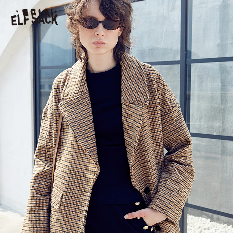 ELFSACK клетчатое шерстяное пальто с отложным воротником женские элегантные куртки
