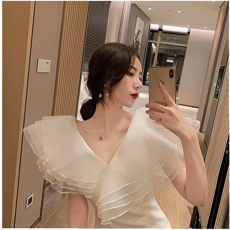 

White bandage tight skirt dress V-neck mesh ruffle fashion brand party summer style sexy club mini dress