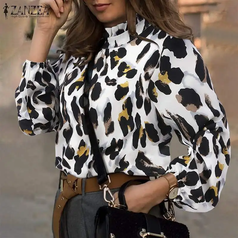 

Turtleneck Leopard Printed Buttons Ruffles Elastic Cuff Chemise Elegant Work Loose Tops ZANZEA Autumn Women Puff Sleeve Blouse