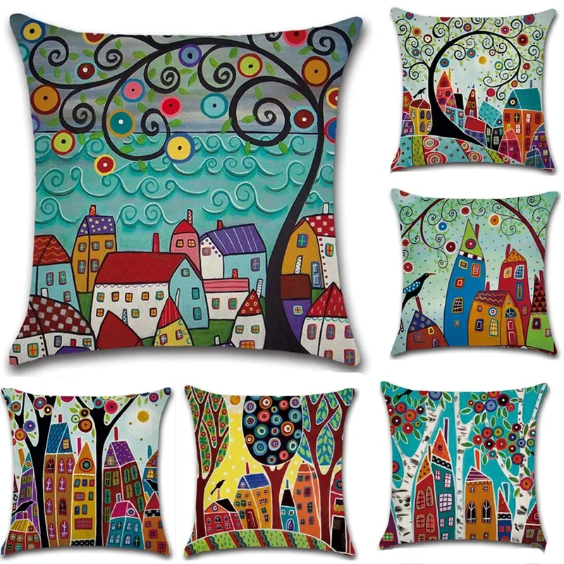 

Retro Rural Color Cities Cushion Cover Linen Throw Pillow Car Home Decoration Decorative Pillowcase decorative pillows grinch