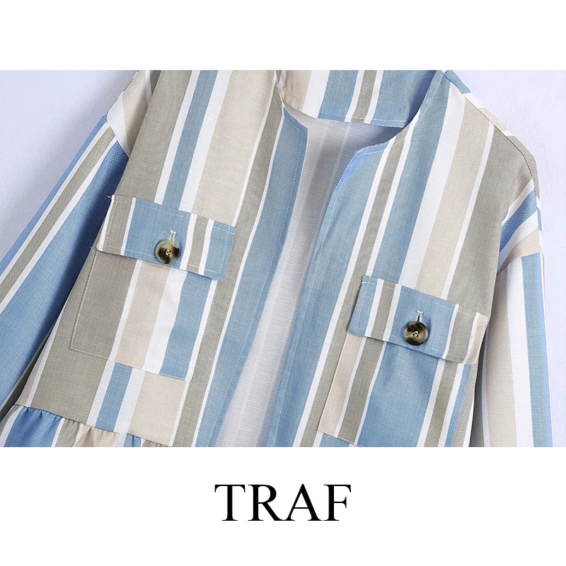 

TRAF ZA Women's Clothing Jackets Fashion Chic Vintage Casual Pockets Jacket Woman Ruffled Patchwork Overcoat Female Office Lady