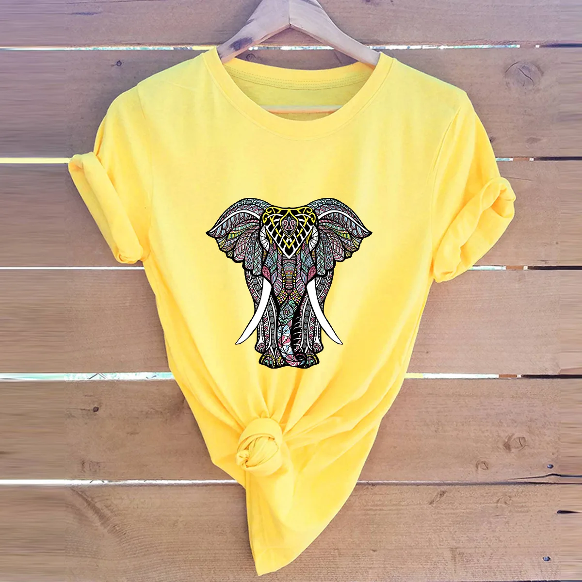 

JFUNCY Plus Size Female Tshirt 100%Cotton T Shirts Women Short Sleeve Tees Summer Loose T-Shirt New Elephant Print Tops