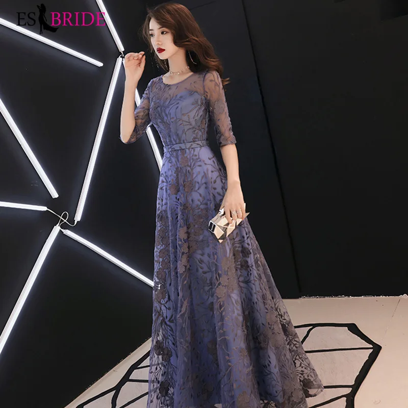 ES2746 Robe De Soiree вечерние платья с коротким рукавом длинные трапециевидные Формальные платья в пол с круглым вырезом женские элегантные платья