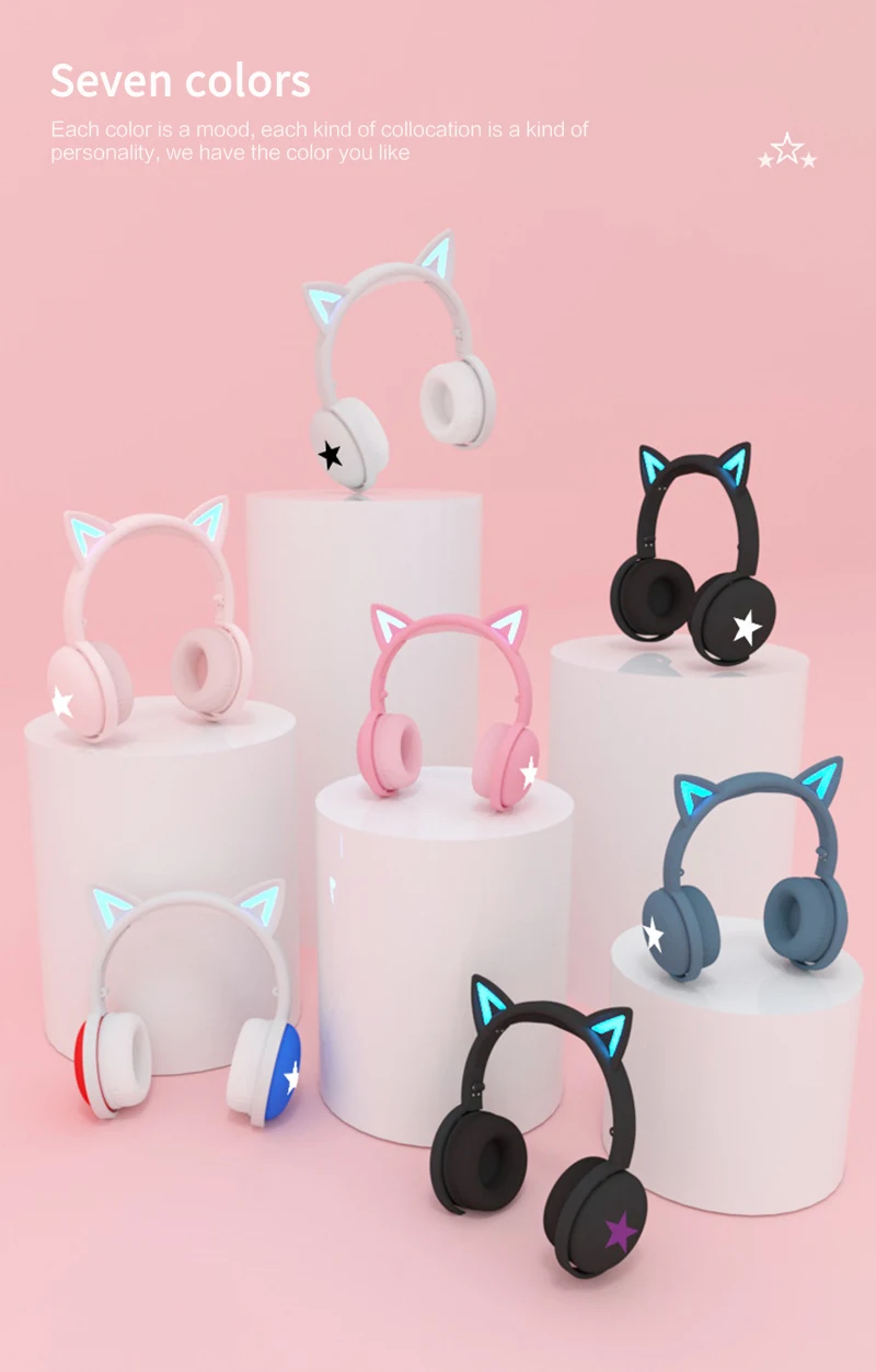 

BK3-LED Wireless Headphone Bluetooth5.0 Headset Cat Ear Earphone LED Lights With Microphone For PC Laptop Phone