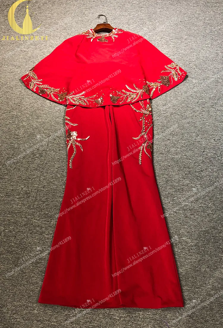 Rhine real Pictures Red Two Peices Satin Gold Beads Mermaid Floor Lengyth Dress Of Mother Arabic Evening Dresses Long