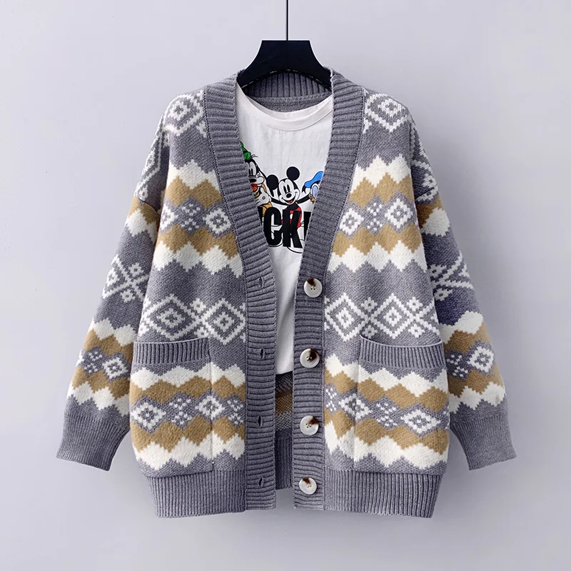 

2021 Spring Autumn New Year Red Striped Diamond Lattice Knitted Sweater Lazy V-neck Cardigan Top Fashionable Coat