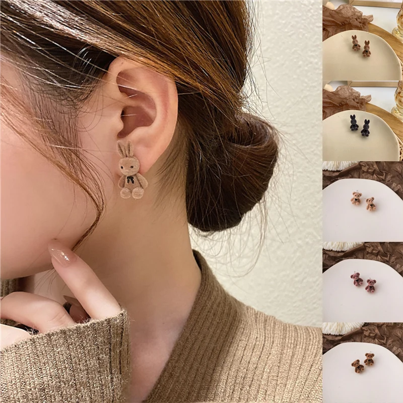 

Cute Flocking Plush Rabbit Stud Earrings Korean Fashion Kawaii Brown Khaki Animal Earrings For Women Girls Jewelry Party Gifts