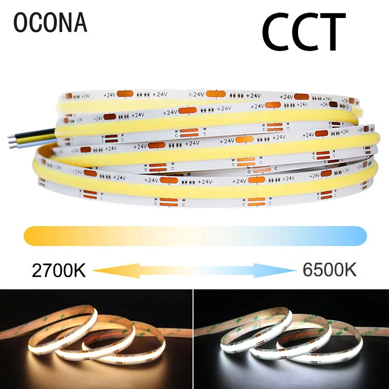 COB CCT LED Strip Light Dual Color Warm+Cool White Flexible High Density Linear LED Tape Light Bar DC 12V 24V Room Decor Ambient