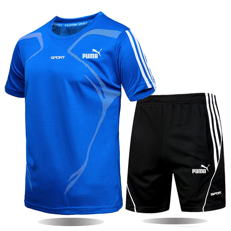 

2021 Men's Summer Puma print Casual Wear Fitness Suit Sports Suit Short-Sleeved T-Shirt + ShortsQuick-Drying Two-Piece Set 4 ord