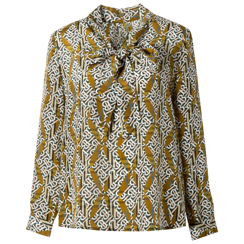 

SuyaDream Women Print Silk Blouse 100%SILK CREPE Long Sleeved Bow Collar Office Blouses 2019 Fall Winter Shirt