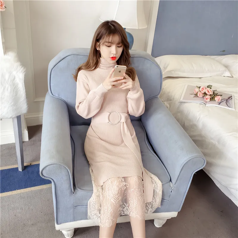 2019 осень зима Платья свитеры Для женщин тонкий с высоким плотно облегающим шею