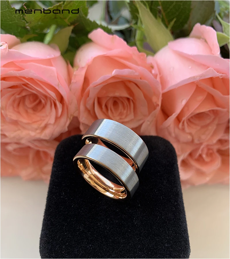 Мужское и женское вольфрамовое обручальное кольцо цвета розового золота плоская