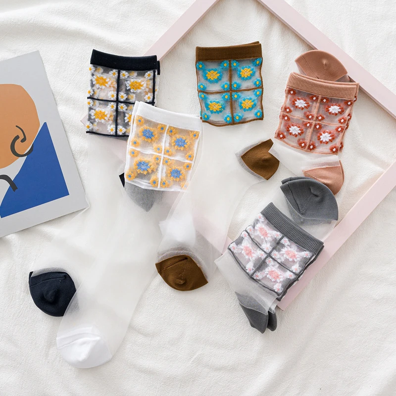 5 пар/лот Дейзи Осенне летние женские носки карты шелковые без пятки стекло