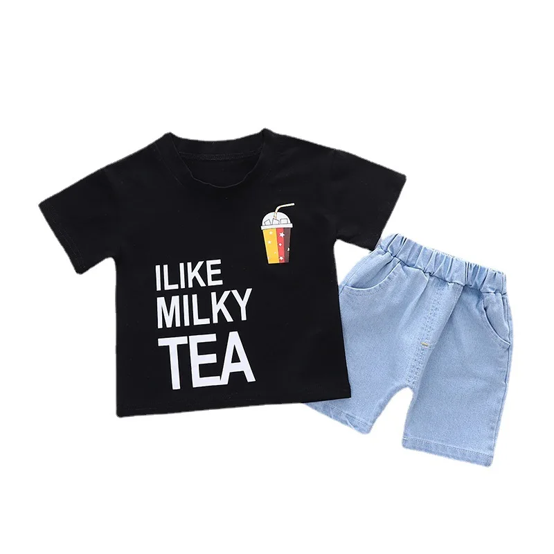 

New Toddler Boy Fashion Casual Clothes Set Baby Girls Letter Print O-neck T-Shirt+denim Shorts 2PCS Outfits Kids Summer Clothing