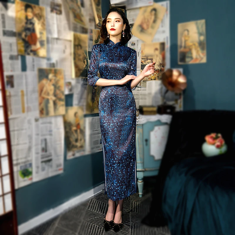 Sheng Coco женские платья темно синего цвета китайские традиционные с коротким