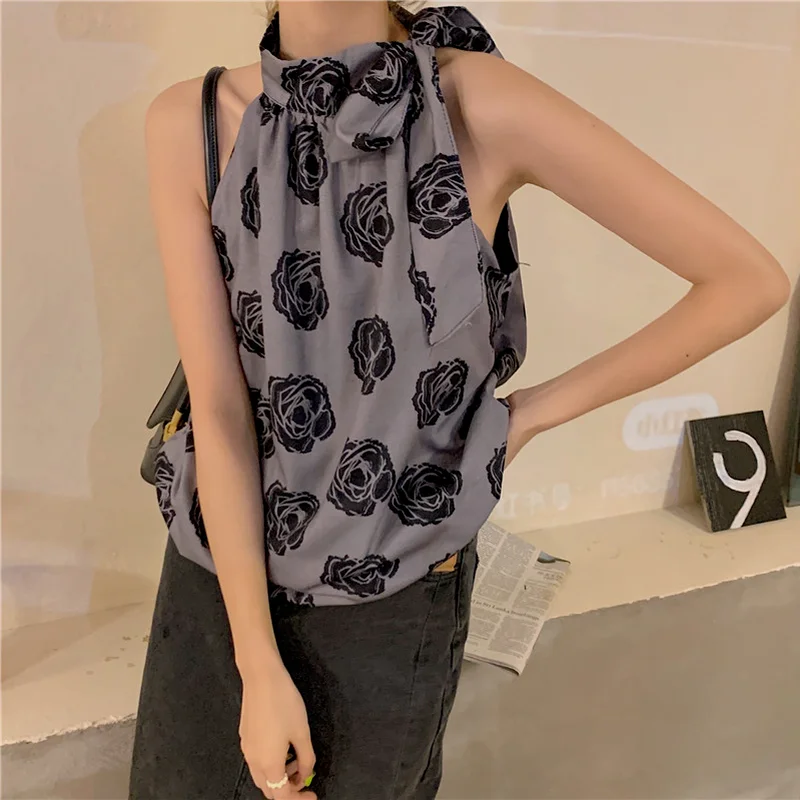 

Korejepo Women Vest 2021 Summer Ladies French Vintage Temperament Western Gentle Style Floral Print Sleeveless Halter Camisole