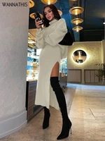 wannathis knitted two pieces sets turtleneck long sleeve sweater and side split high waist skirt autumn suits with skirts 2021