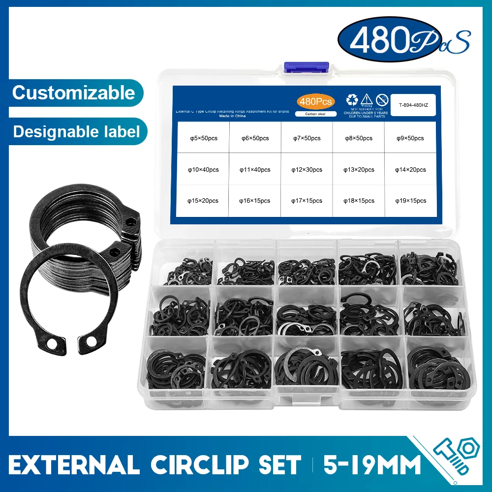 

480pcs c clip external circlip snap retaining rings set stainless steel carbon steel 5-19mm circlip set for shaft