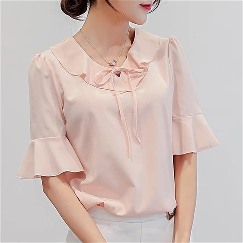

Loose Shirts Female Summer Oversized Ruffles Shirt Lady Hedging Peter Pan Collar Blouse Top Woman Thin La Camisa Chemise Tops
