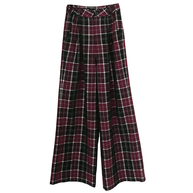 

[EAM] High Waist Wine Red Plaid Wide Leg Lurex Long Trousers New Loose Fit Pants Women Fashion Tide Autumn Winter 2021 1DD2403