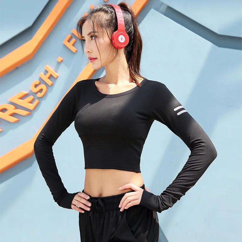 

Women Sport Shirt Stretchy Long Sleeve Breathable Running Cycling Crop Top High Elastic Slim Fit Close-fitting Exercise Shirt