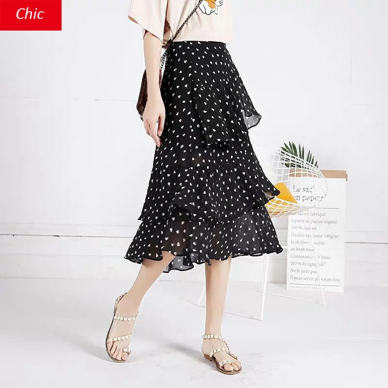 

Dots Print Tiered Skirt Femme Missy Sweet Layered Chiffon Half Skirts Semi Skirt Mid-Calf High Waist Dance Skirts Summer Bohemia