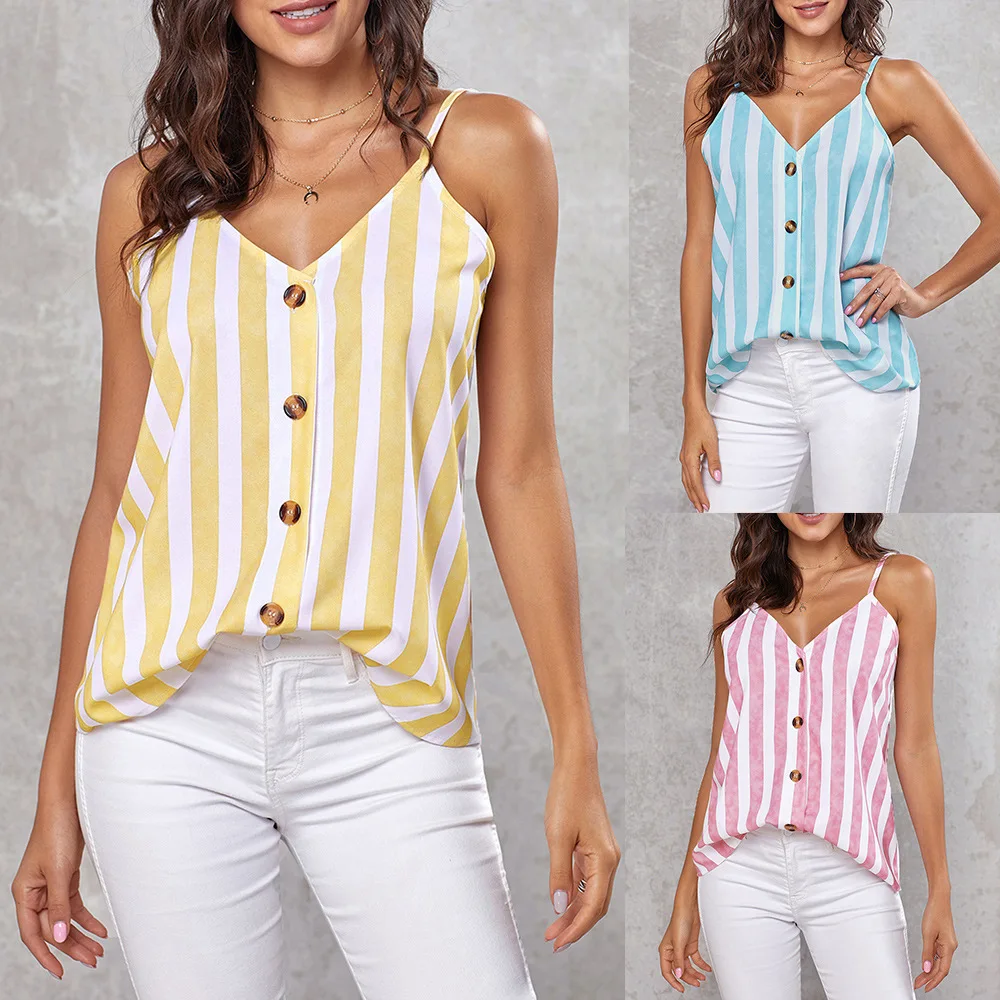 

shi ying Europe and the United States New Striped Vest Women's T-shirt 2020 Summer New V-neck Single-Breasted Strappy Top