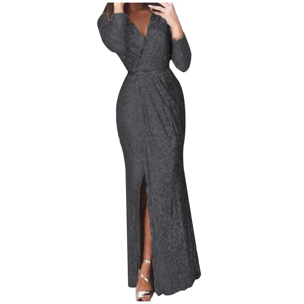 Vestidos Verano Women Solid Color Long Sleeve V-Neck Formal Dress Beach Sundress Summer Dresses платье женское | Женская