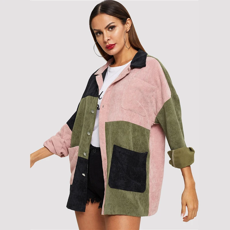 SHEIN повседневное многоцветное пальто с карманами спереди, вельветовое однобортное пальто, Осеннее Современное женское пальто, верхняя одежда