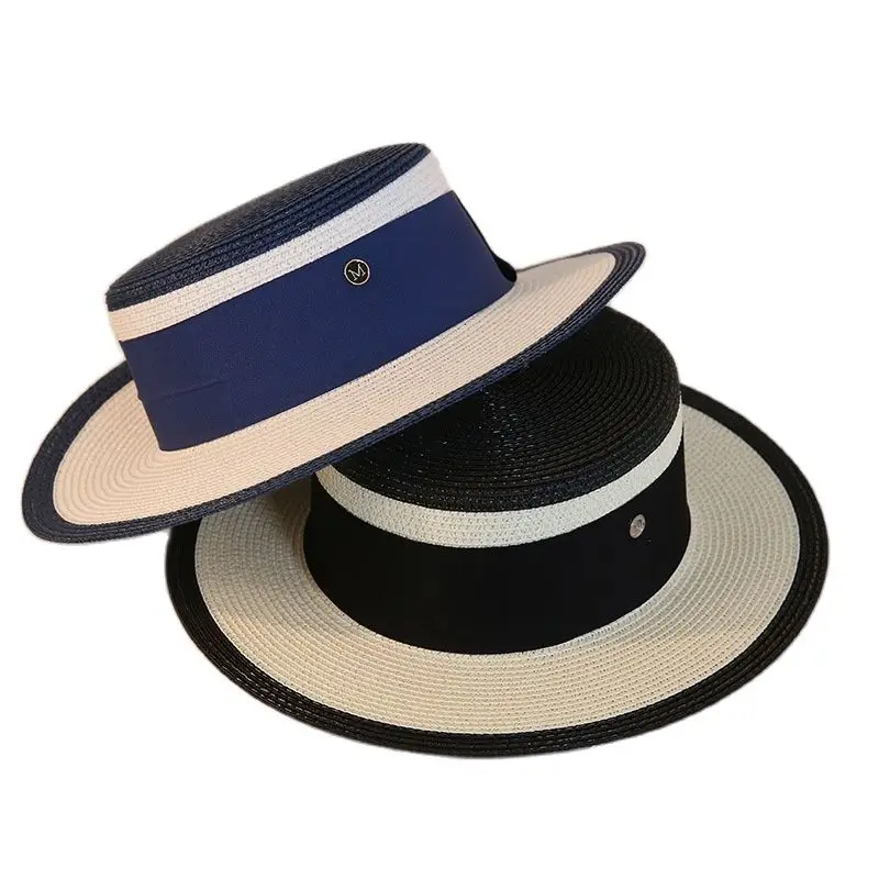 

2021 Natural Wheat Straw Boater Fedora Top Flat Hat Women Summer Beach Flat Brim Cap With Bowknot Ribbon For Holiday Party