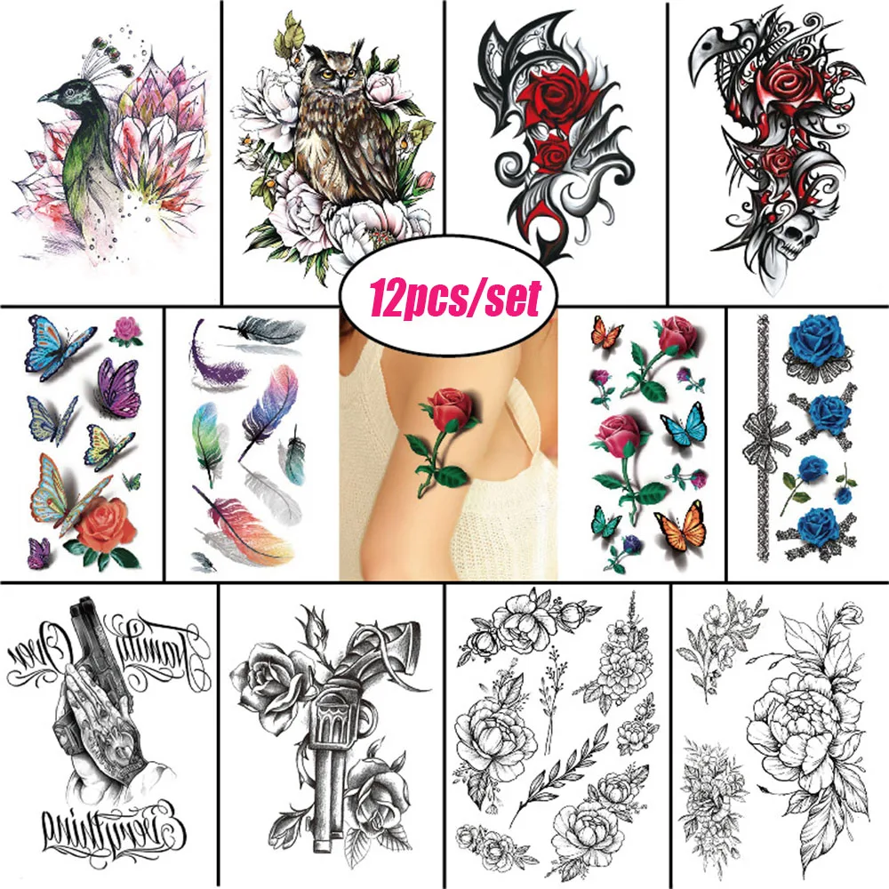 

12Pcs Flower Temporary Tattoos For Women Shoulder Tattoo Sticker Fashion Sexy Body Art Waterproof Arm Tattoo Sticker