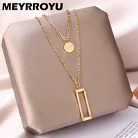 meyrroyu stainless steel new punk 2 layer rectangular geometric necklace for women chain 2021 trend party gift fashion jewelry