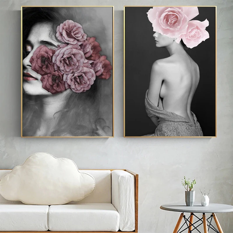 

Nordic modern floral sketch canvas picture with smiling girl posters and prints wall art print canvas pictures home decoration