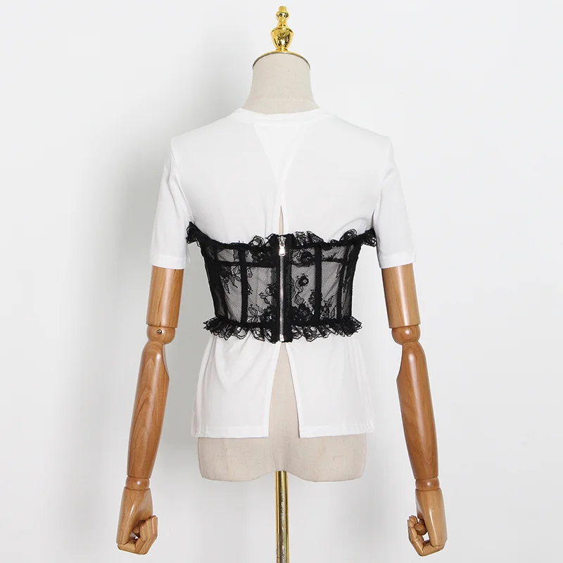 

VGH Patchwork Casual T Shirt For Women O Neck Short Sleeve Lace Slim White Plus Size Tops Female 2020 Summer Fashion New Stylish