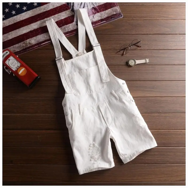 2021 Summer Fashion Men's Shorts Bib Overall Jeans Short Male Casual Ripped Denim Jumpsuits Jeans Shorts Pants Khaki White Black
