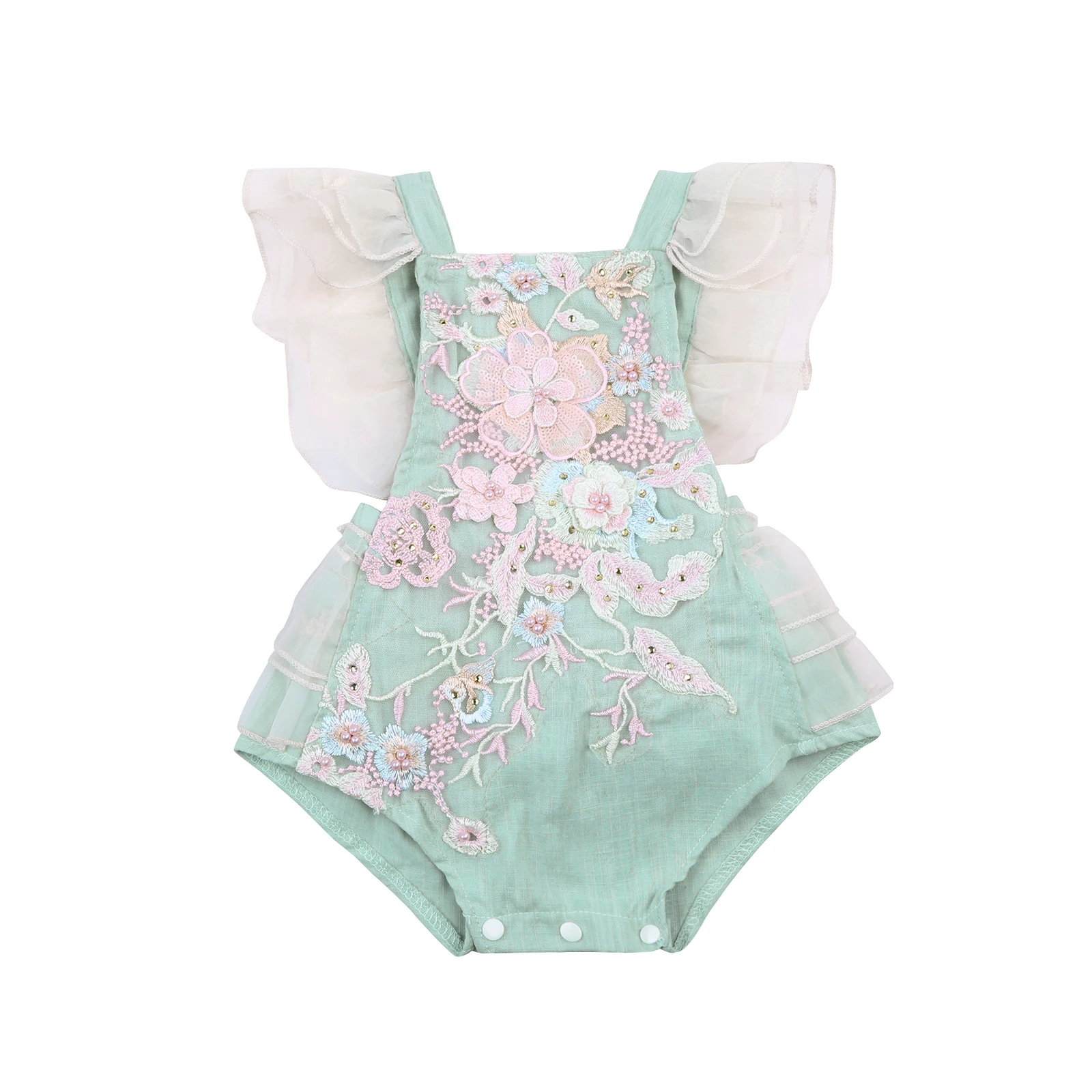 

Princess Jumpsuits Baby Girls Clothes Casual Romper Light Blue Sleeveless Square Collar Floral Embroidery Pattern One-pieces