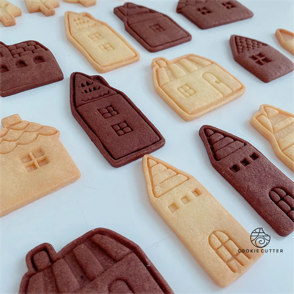 Town Theme House Shape Biscuit Mold Tree Bee Apple Cloud Pattern Cookie Stamp Home DIY Fondant Sugar Craft Baking |