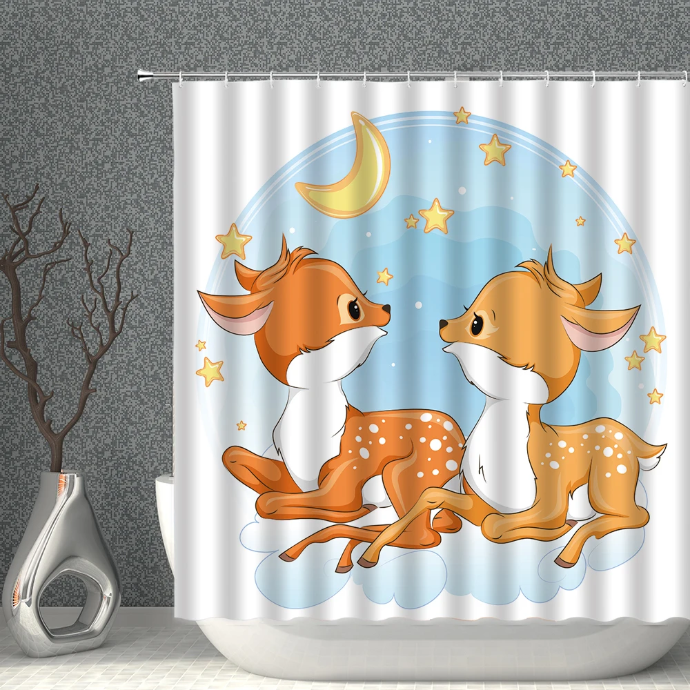 

Deer Shower Curtain Cartoon Animal Anime Bathroom Curtain Waterproof Polyester Fabric Childrens Room With Hook Home Bath Decor