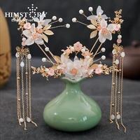 himstory chinese hanfu hair accessories pink flower vintage handmade hairpins long tassel traditional chinese style hanfu