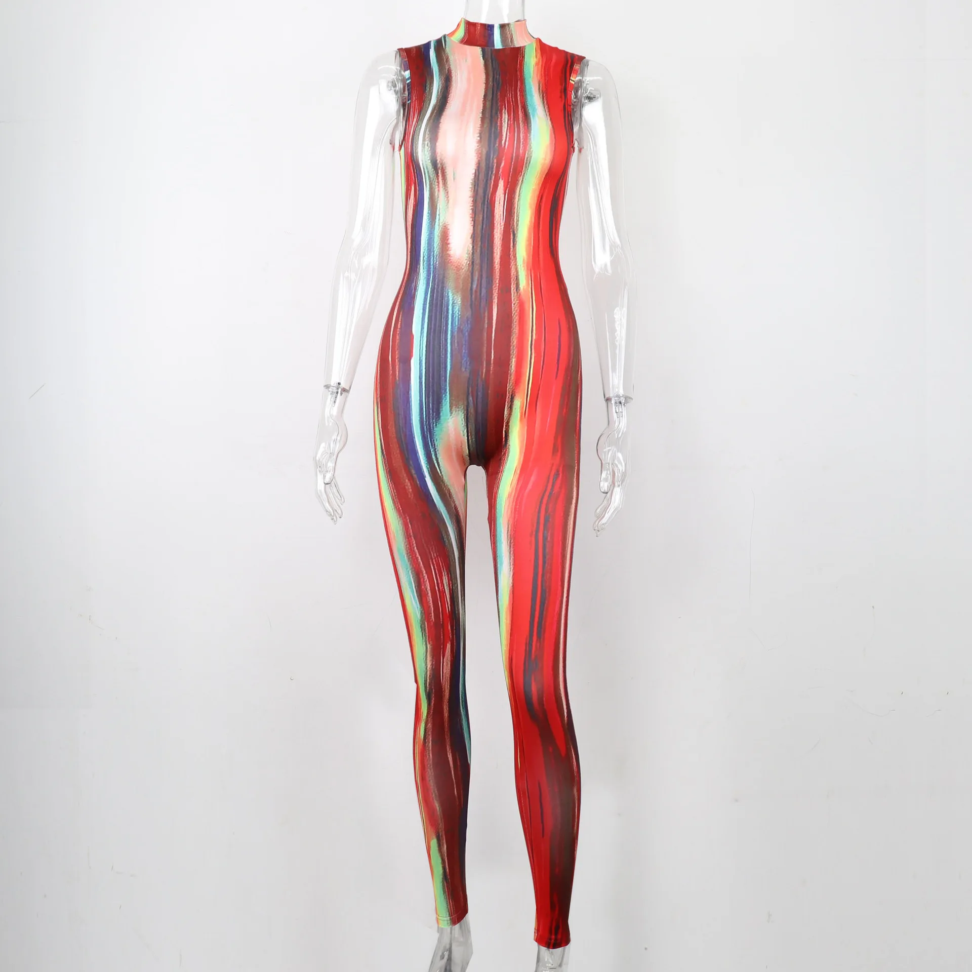 Tie-Dye Print Contrast Color Standing Collar Sleeveless Fanny Pack Hip Close-Fitting Jumpsuit