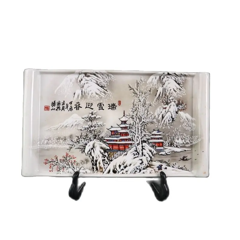 

Jingdezhen pottery powder color snow landscape pattern square plate home living room ornaments