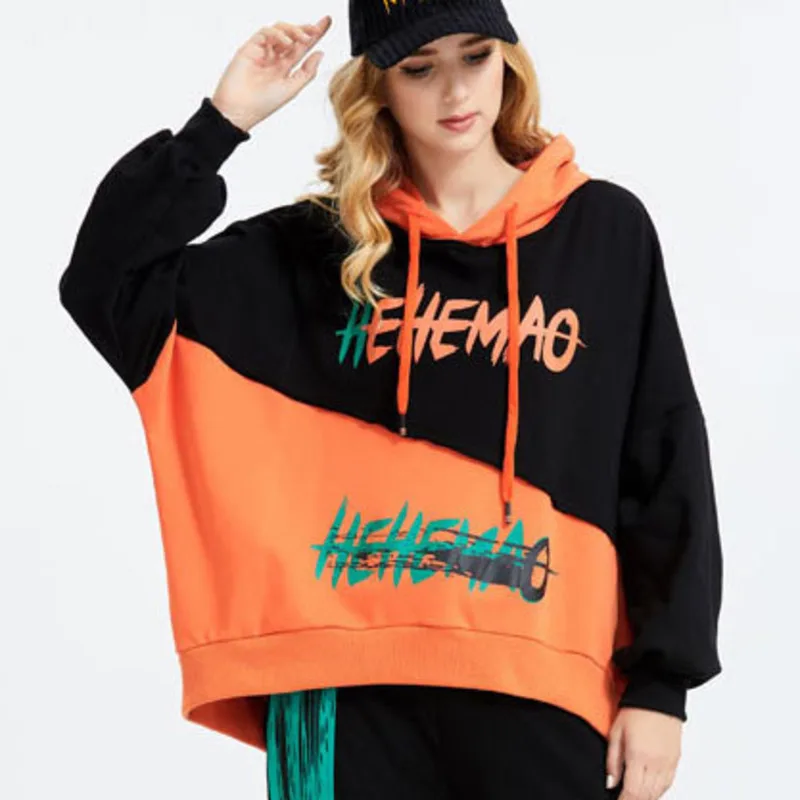 

Vefadisa Letter Print Stitching Color Women Sweatshirt 2021 Spring Hooded Pullover Coat Plus Size Women Sweatshirt QYF3646