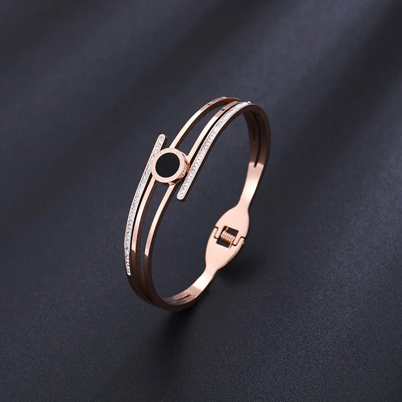 

Wholesale Fine Jewelry Factory titanium steel fashion rome numerals bangle jewelry rose gold bracelet black round wristlet jewel