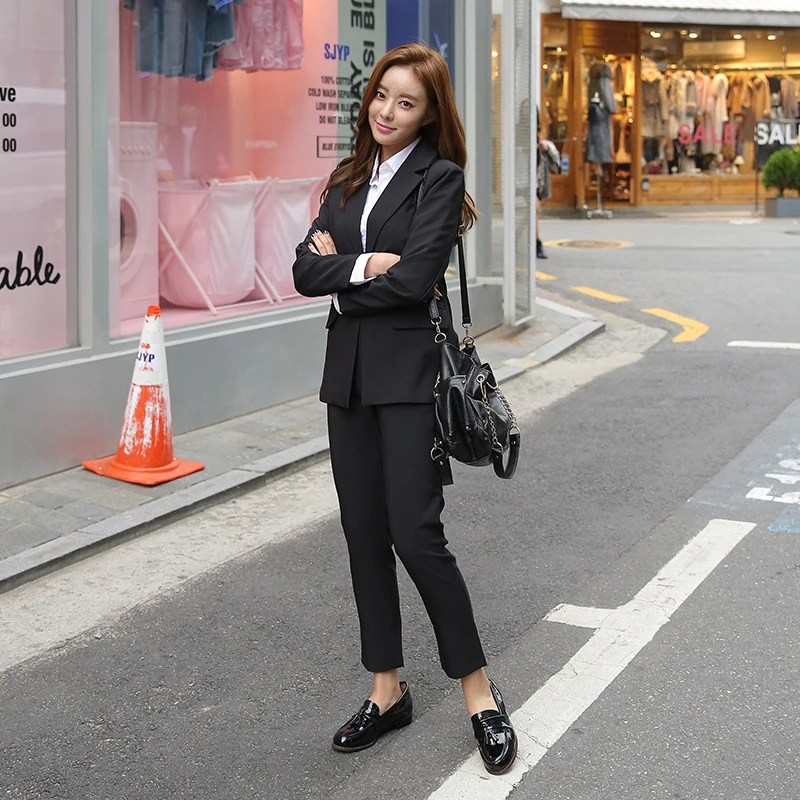

Lady Notched Jacket Female suit Business Women Pencil Pant Suits 2 Piece Sets Black Solid Blazer + Pant Office