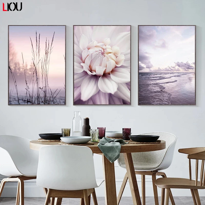 Картина холст фиолетовый sea purple pink peony seagull настенное искусство скандинавские